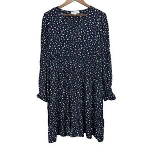 DownEast Women Black Ditsy Floral V-Neck Long Sleeve Tiered Babydoll Mini Dress